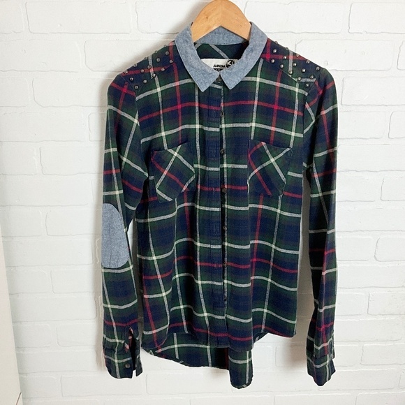 Vintage Y2K Button down Shirt Plaid Flanelle Studds Elbow patches Amnesia Navy S - Picture 1 of 16